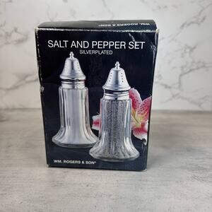 Vintage, WM. Rodgers & Son, Silverplated and Glass Salt and Pepper Set Kitchen